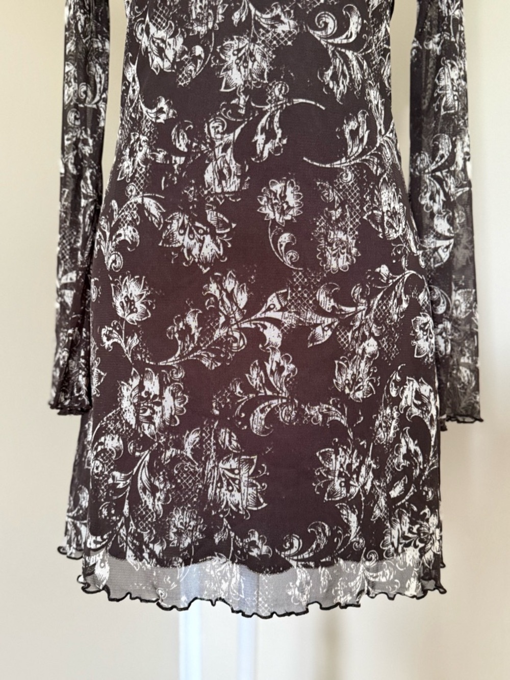 Brown and White Floral Mesh Mini Dress - Picture 2 of 10